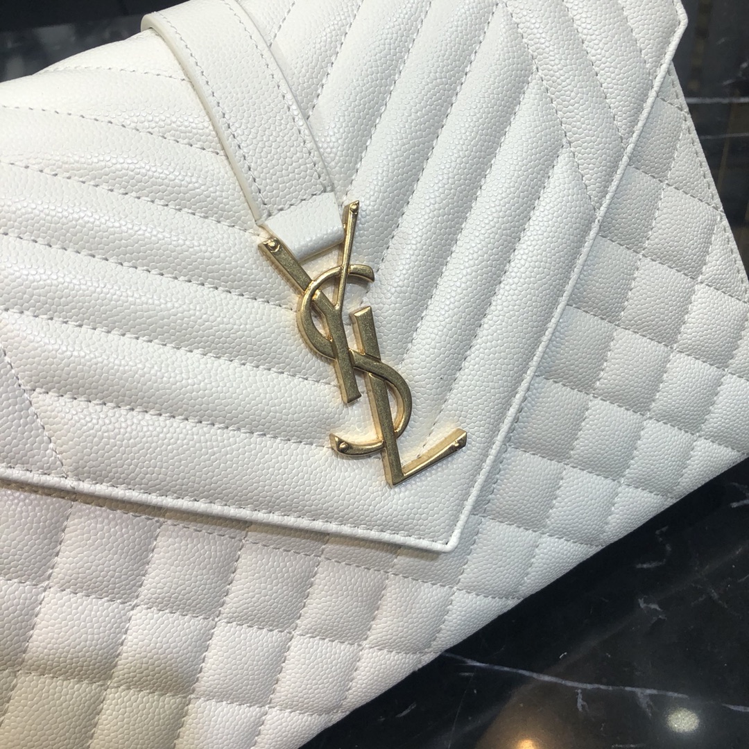 Saint Laurent Envelope Grain Quilted Calfskin Handbag White 600185 